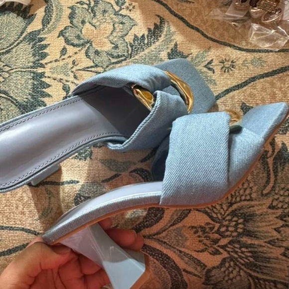 Elegant Women's‎ Blue Sculptural Heeled Ruched Metal Design Sandals Fashion Mule - Picture 8 of 8